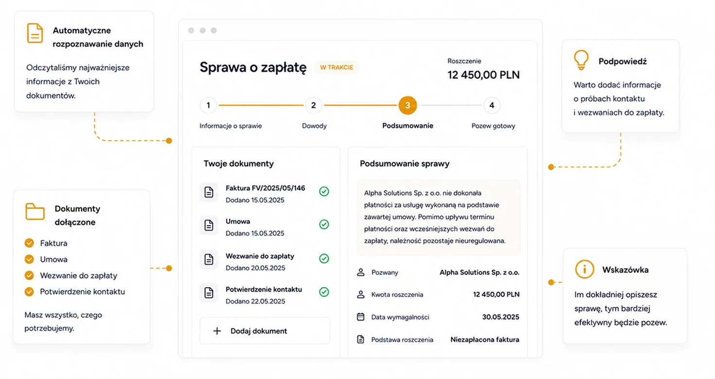 Dashboard pozywacz: automatyczne rozpoznawanie danych, dokumenty dołączane, sprawa w toku